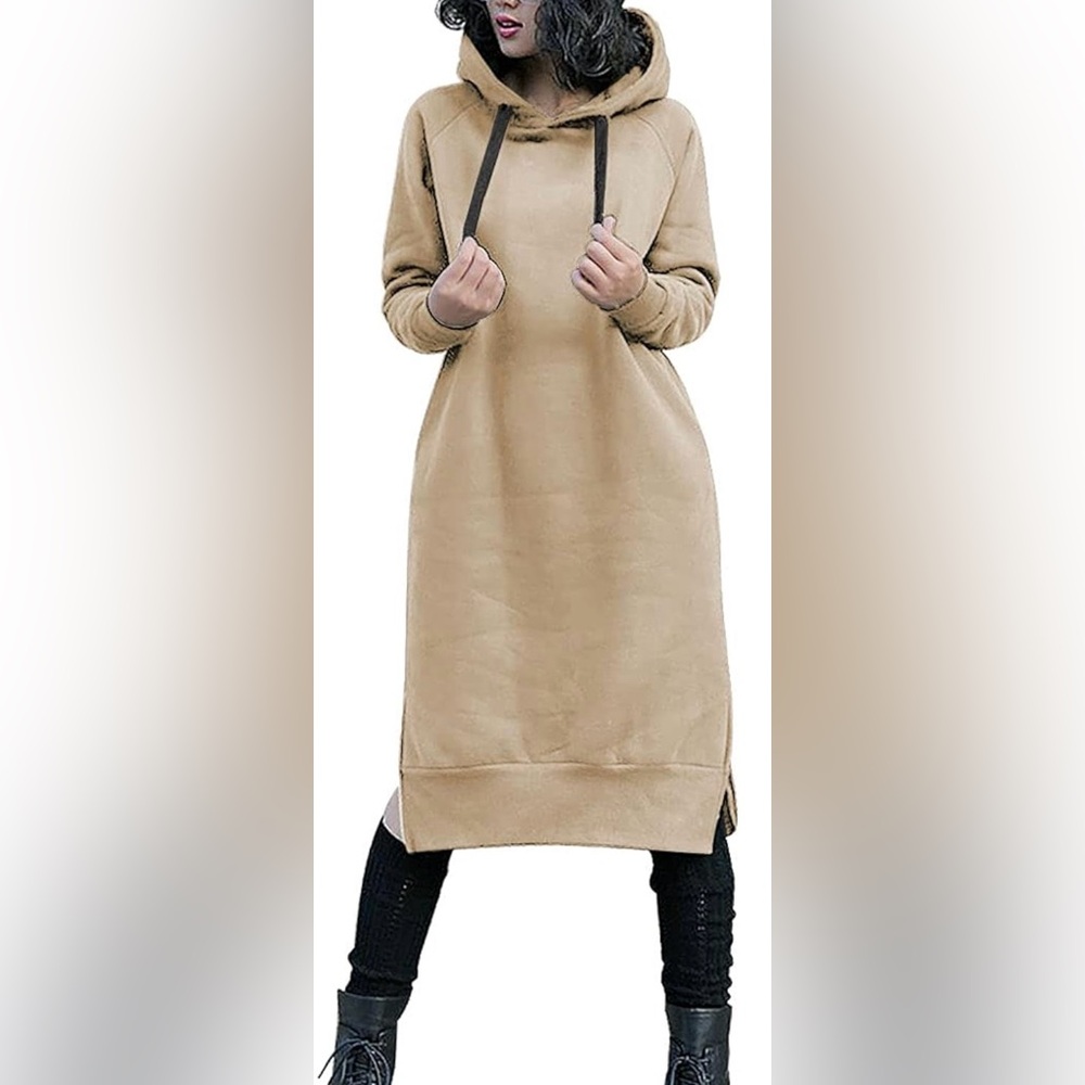 Womens tan long fleece sweatshirt hoodie dress